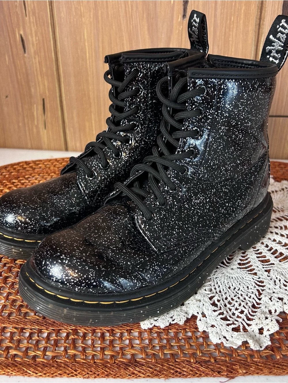 Doc Martens Girls Size 1 Black Glitter Lace-Up Combat Boots